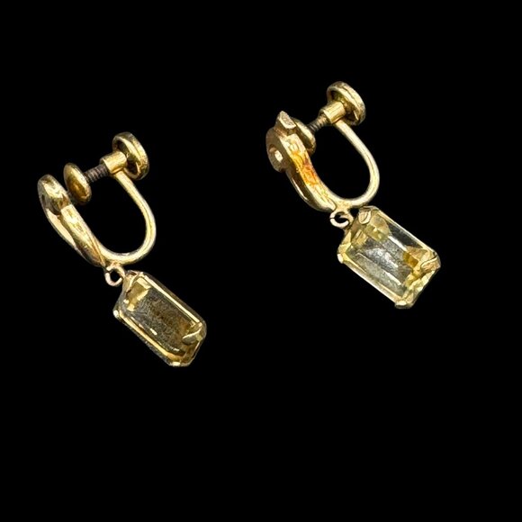 Vintage 12K Gold Filled Earrings Citrine Semi-P Gemstone Rectangle Screw backs - Picture 3 of 7